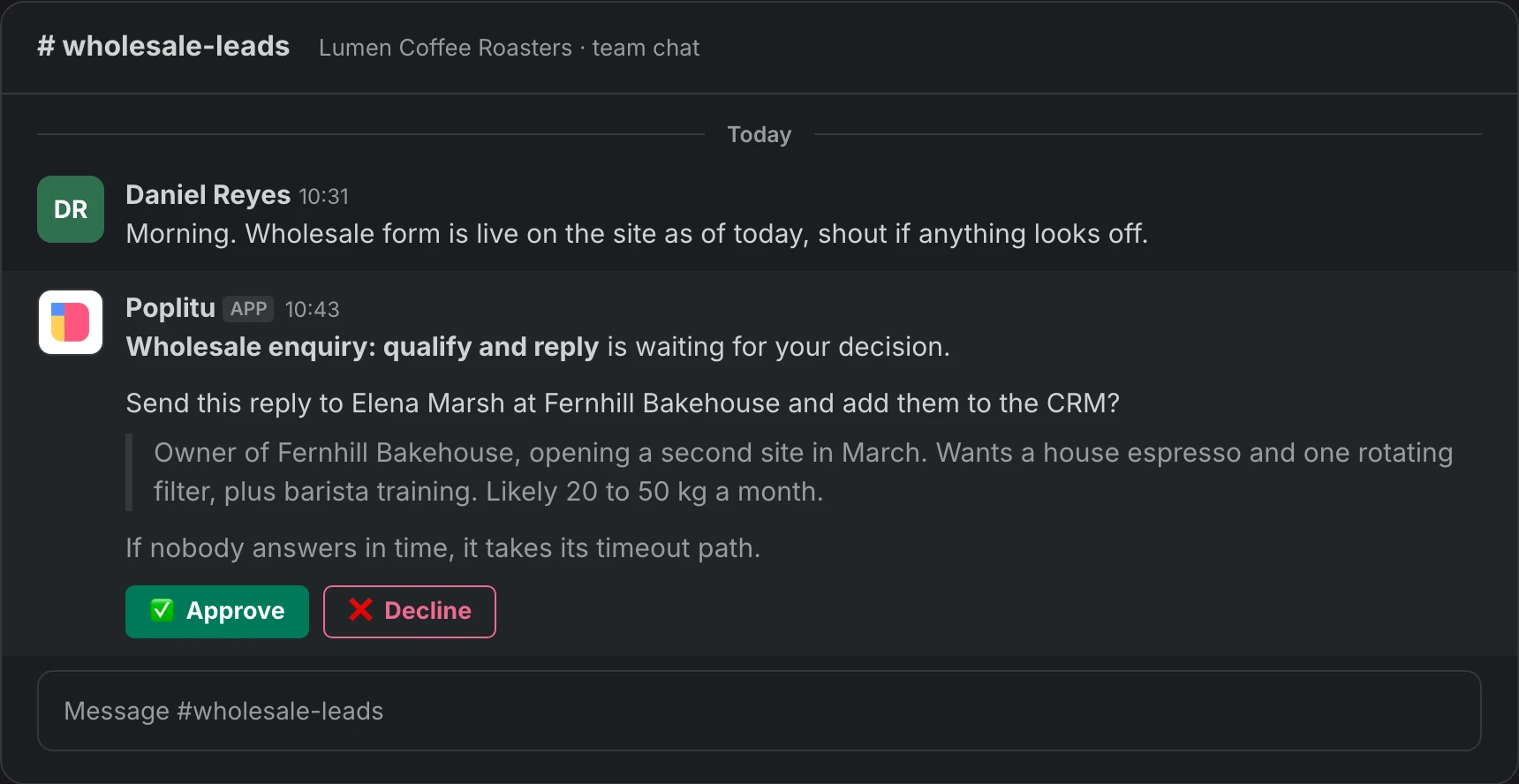 A team chat channel where Poplitu asks whether to send the drafted reply and add the lead to the CRM, with Approve and Decline buttons.