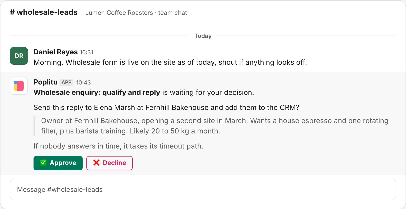 A team chat channel where Poplitu asks whether to send the drafted reply and add the lead to the CRM, with Approve and Decline buttons.