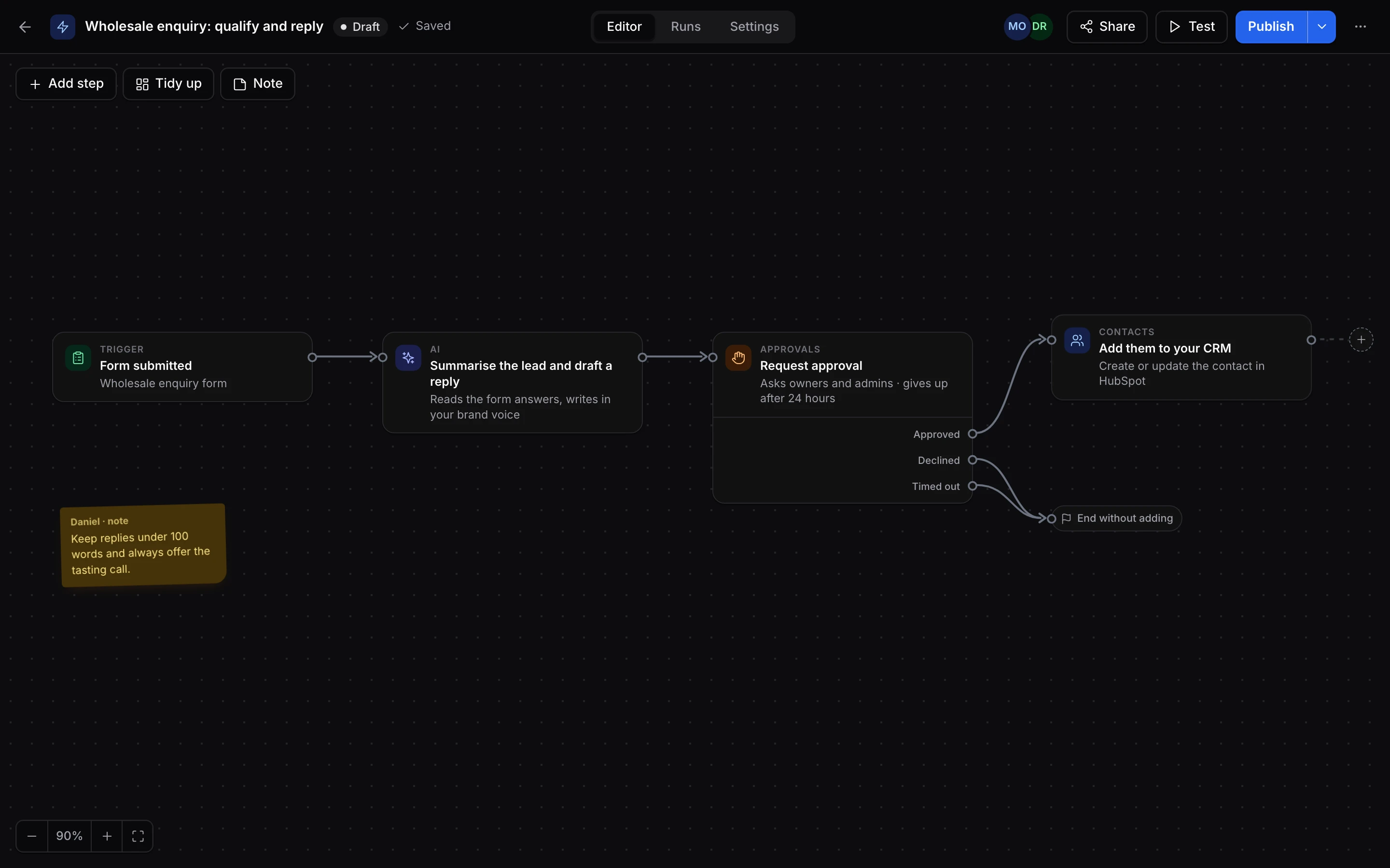 The automation canvas with four connected steps: form submitted, summarise the lead and draft a reply, request approval, and add them to your CRM. The approval step has separate exits for approved, declined, and timed out.