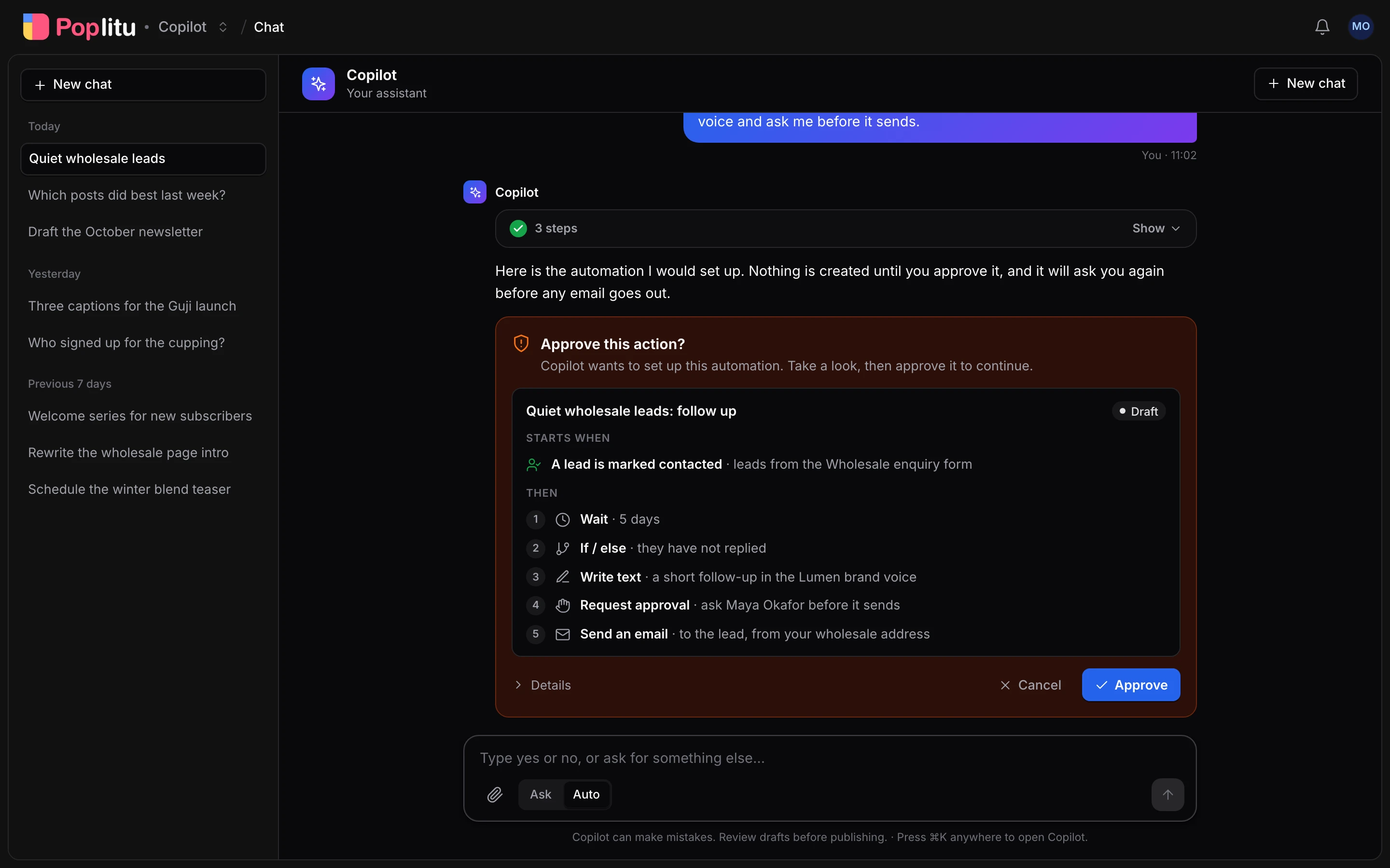 A Copilot conversation that has stopped at an approval card. The card lists the automation Copilot wants to create, step by step, with Cancel and Approve buttons.