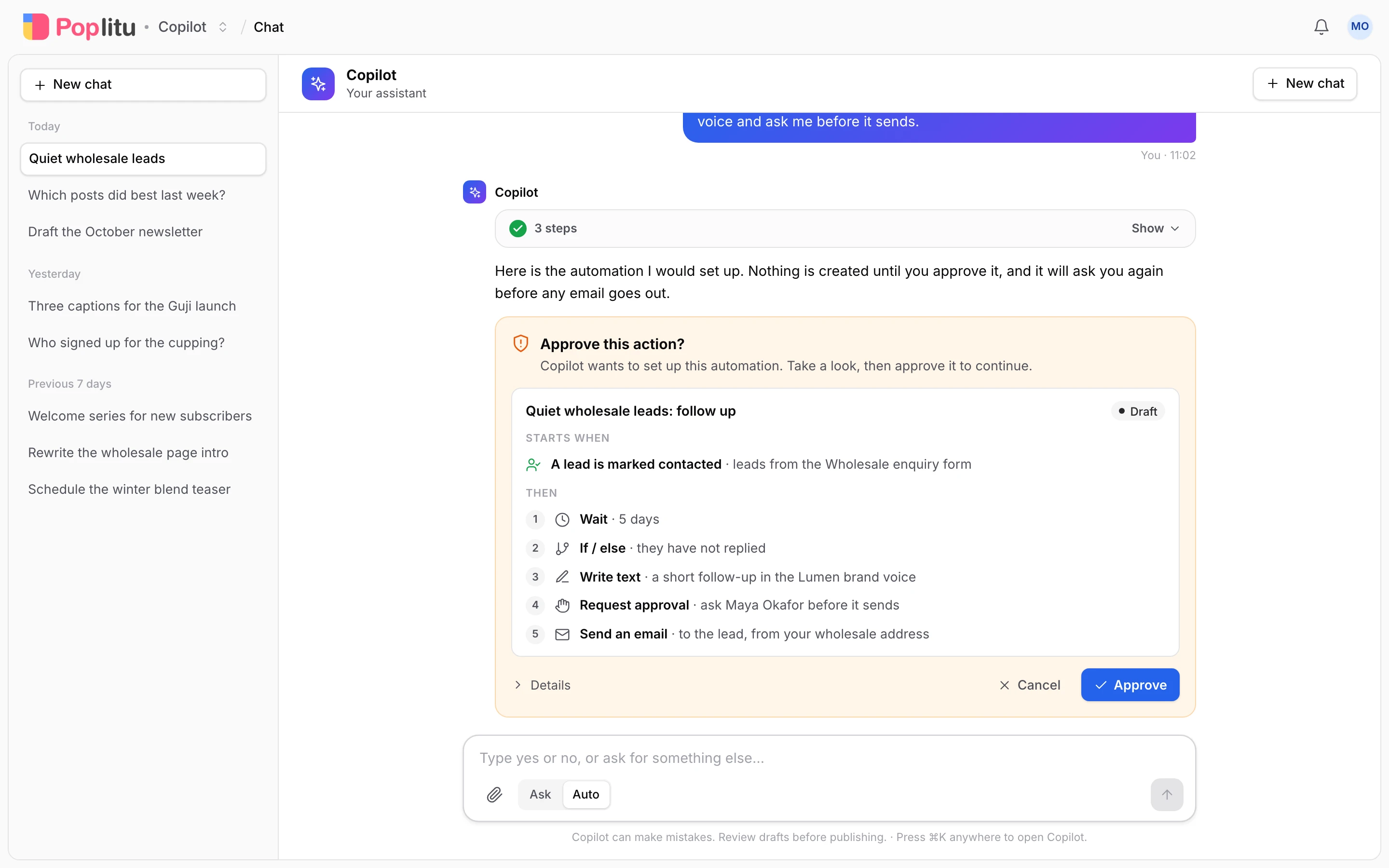 A Copilot conversation that has stopped at an approval card. The card lists the automation Copilot wants to create, step by step, with Cancel and Approve buttons.
