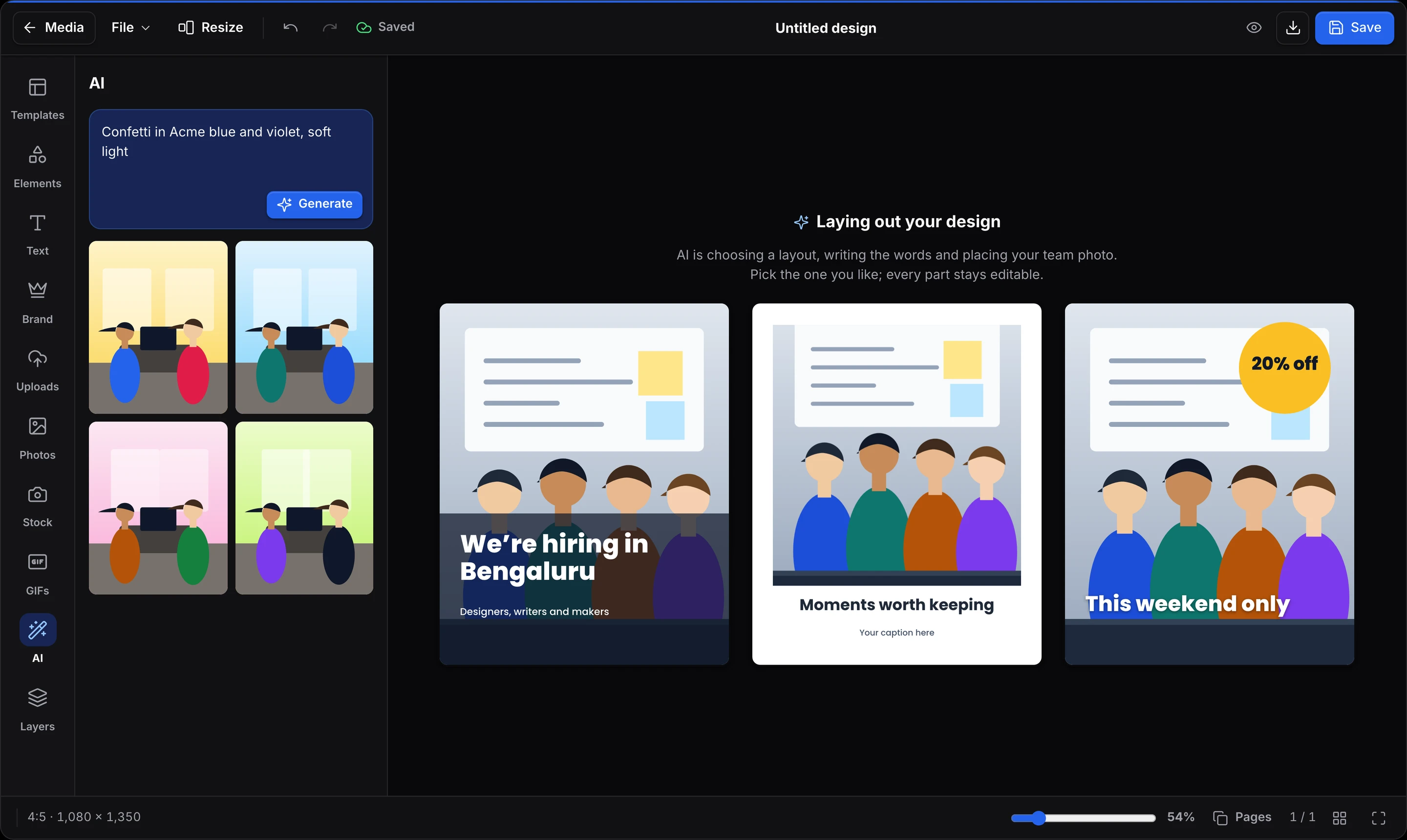 The design editor after a description was typed: three laid-out versions of a hiring post to choose from.