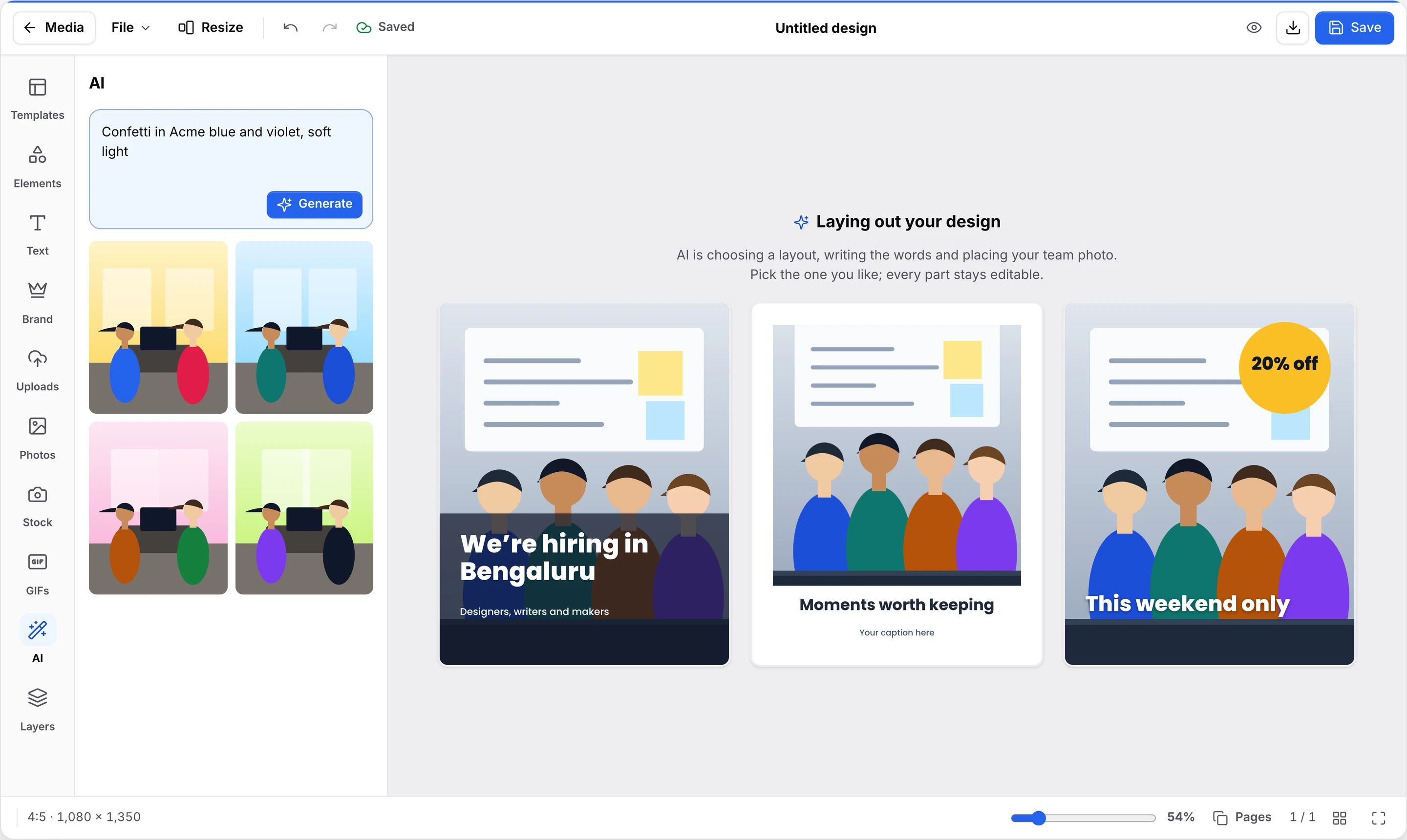 The design editor after a description was typed: three laid-out versions of a hiring post to choose from.