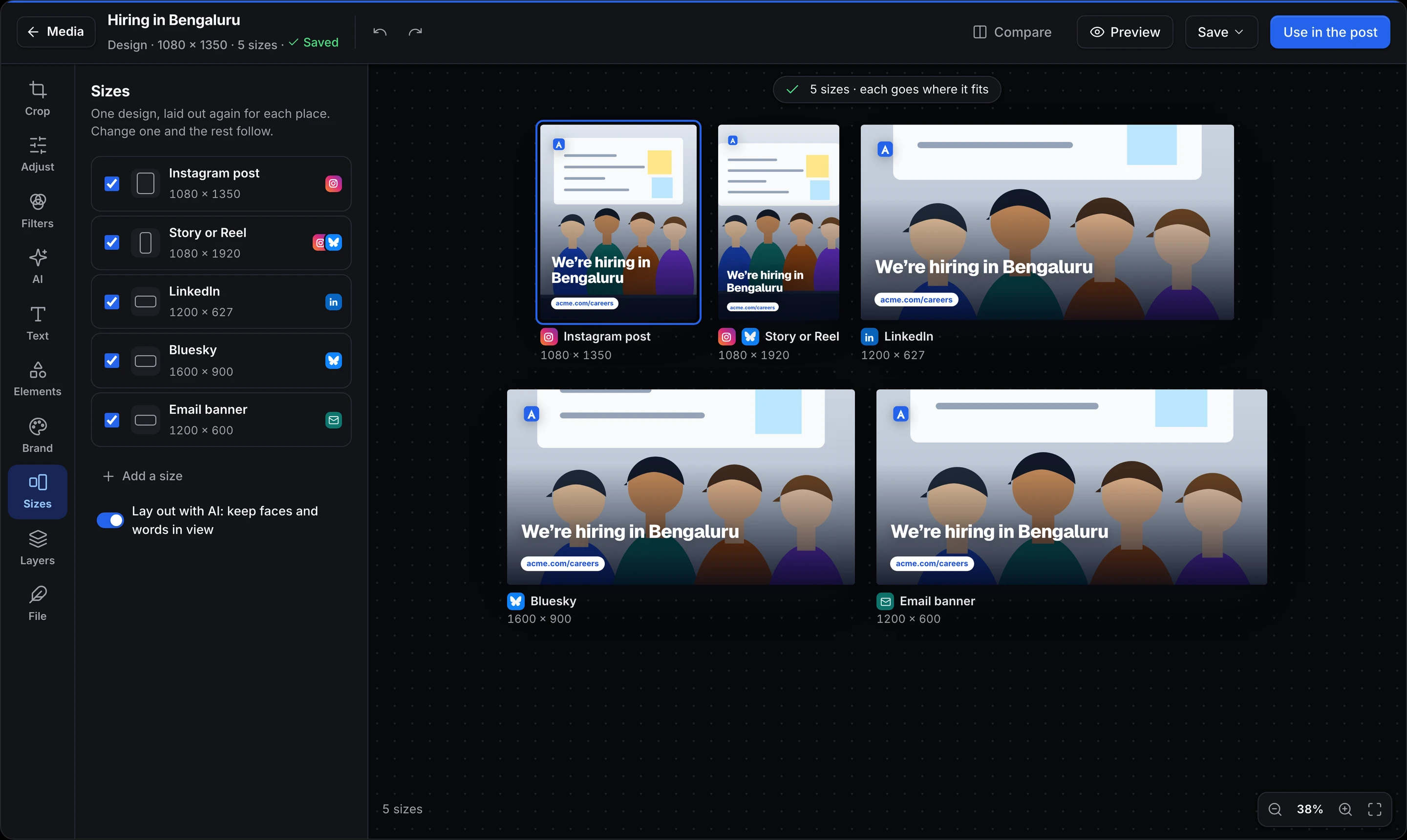 One design laid out in five sizes: Instagram post, story, LinkedIn, Bluesky, and an email banner.