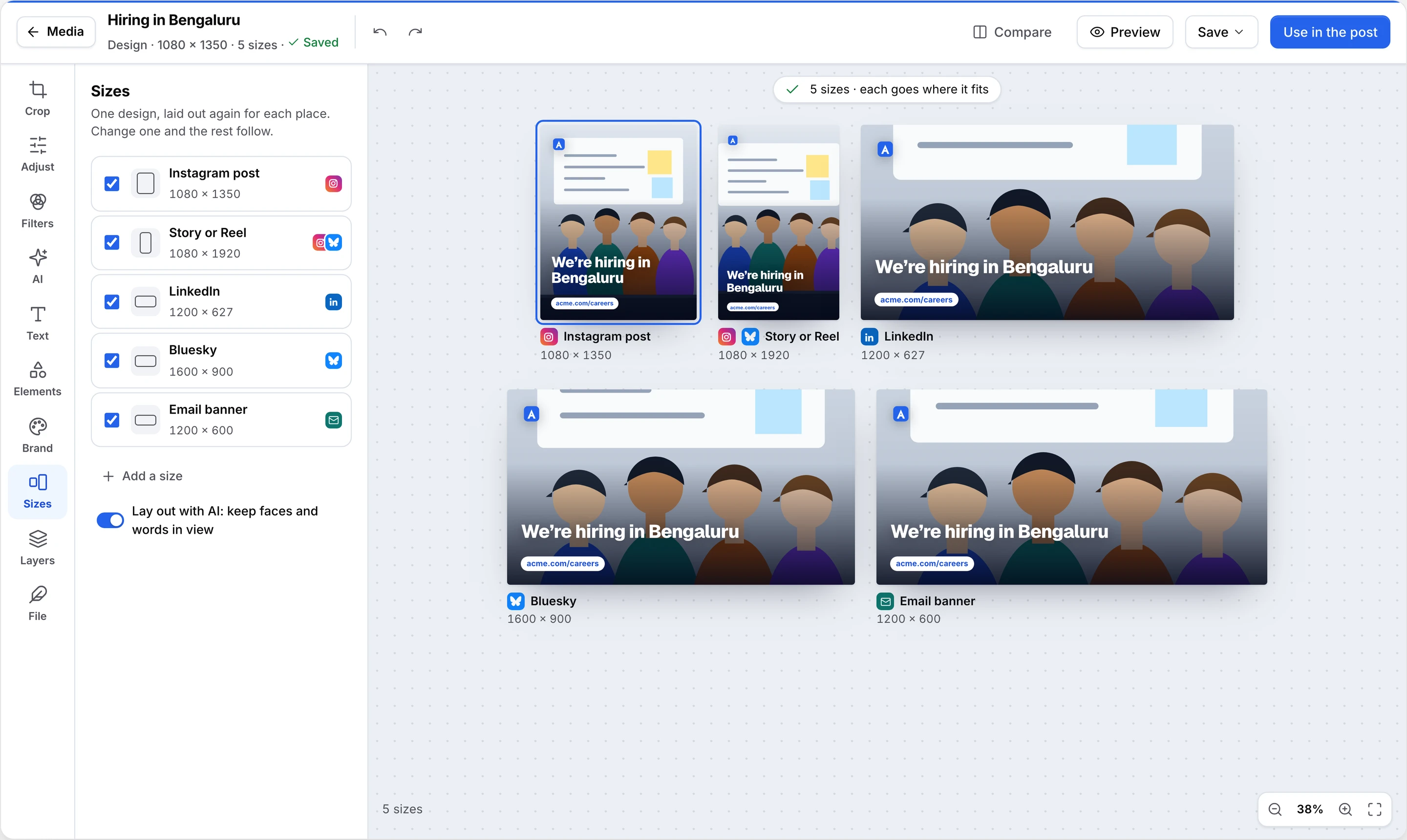 One design laid out in five sizes: Instagram post, story, LinkedIn, Bluesky, and an email banner.