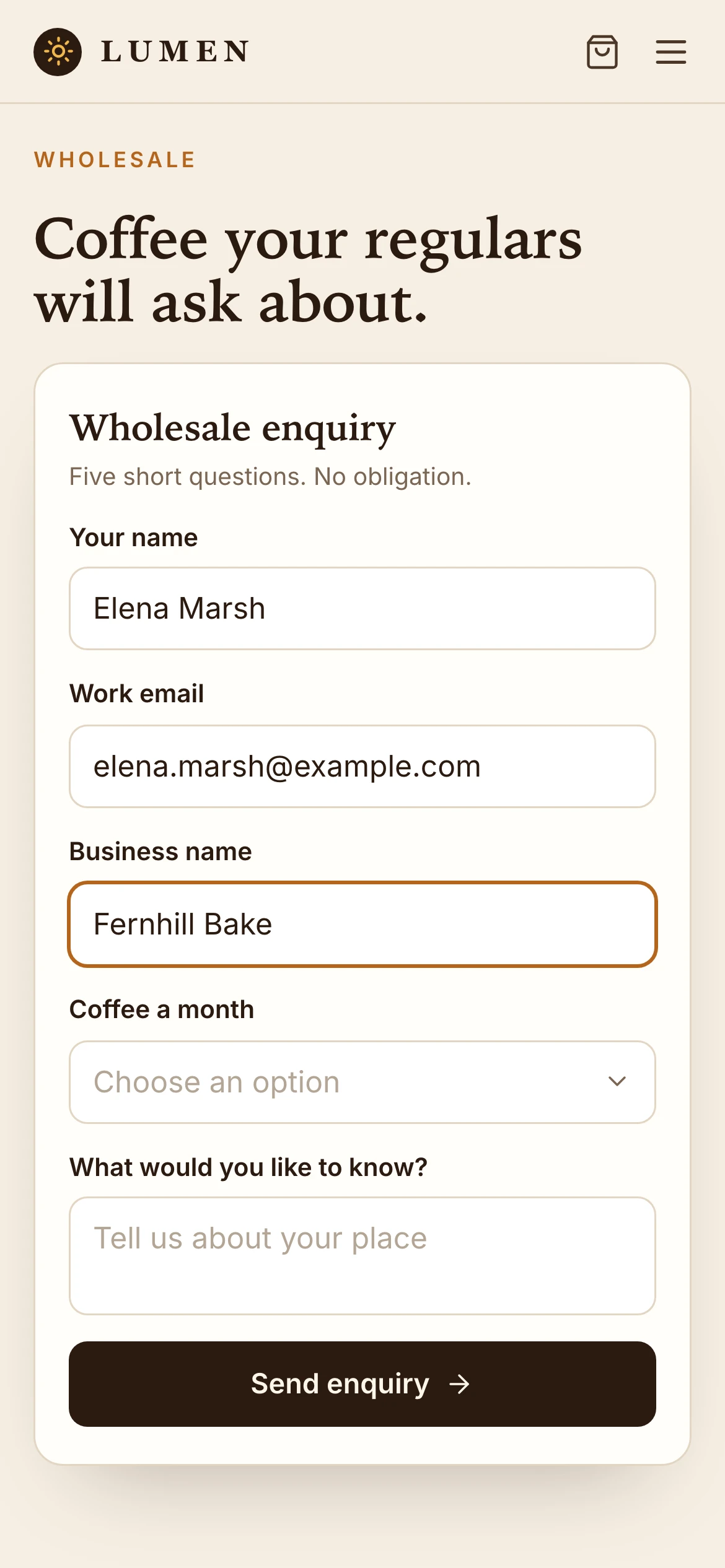 A wholesale enquiry form embedded on a fictional coffee roaster's website, shown at phone size and partly filled in.