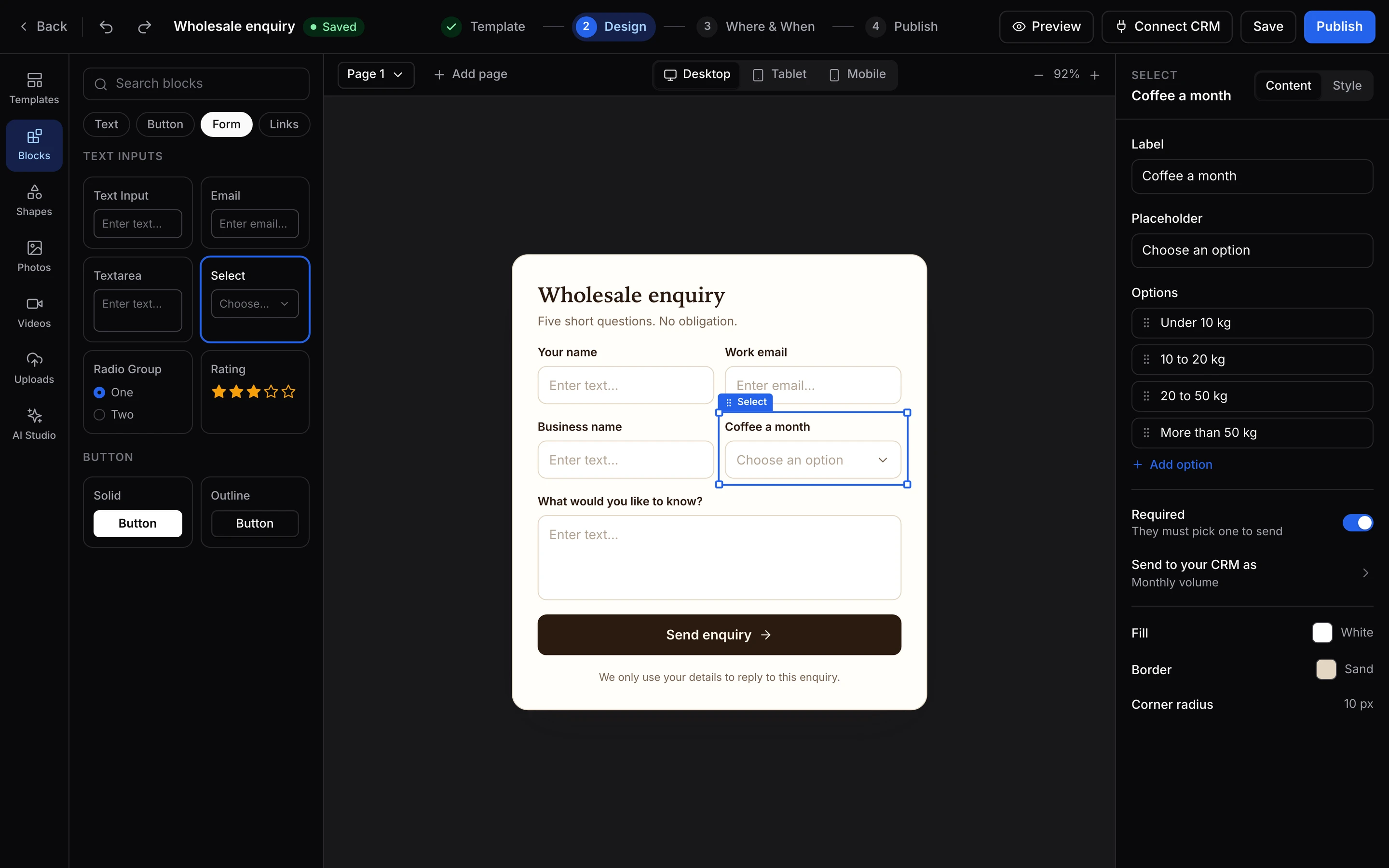 The form builder: a list of blocks on the left, the wholesale enquiry form on the canvas, and settings for the selected field on the right.