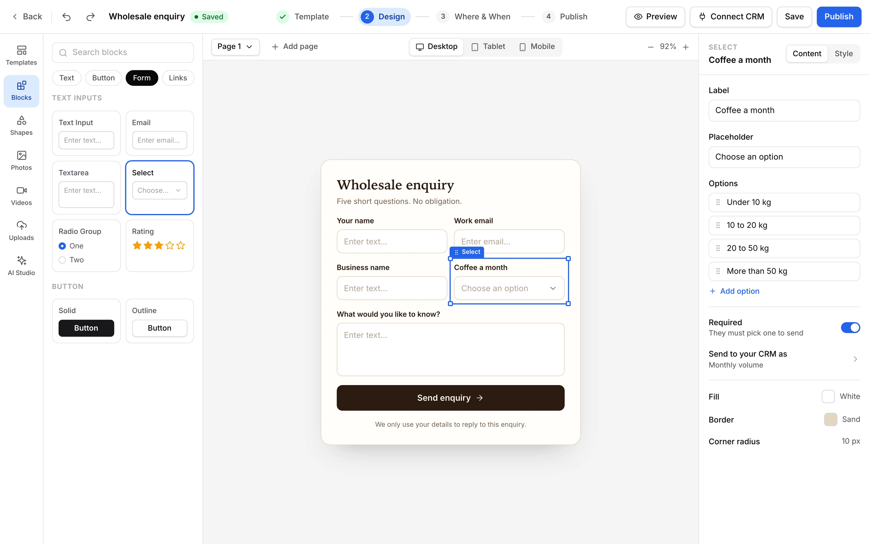 The form builder: a list of blocks on the left, the wholesale enquiry form on the canvas, and settings for the selected field on the right.