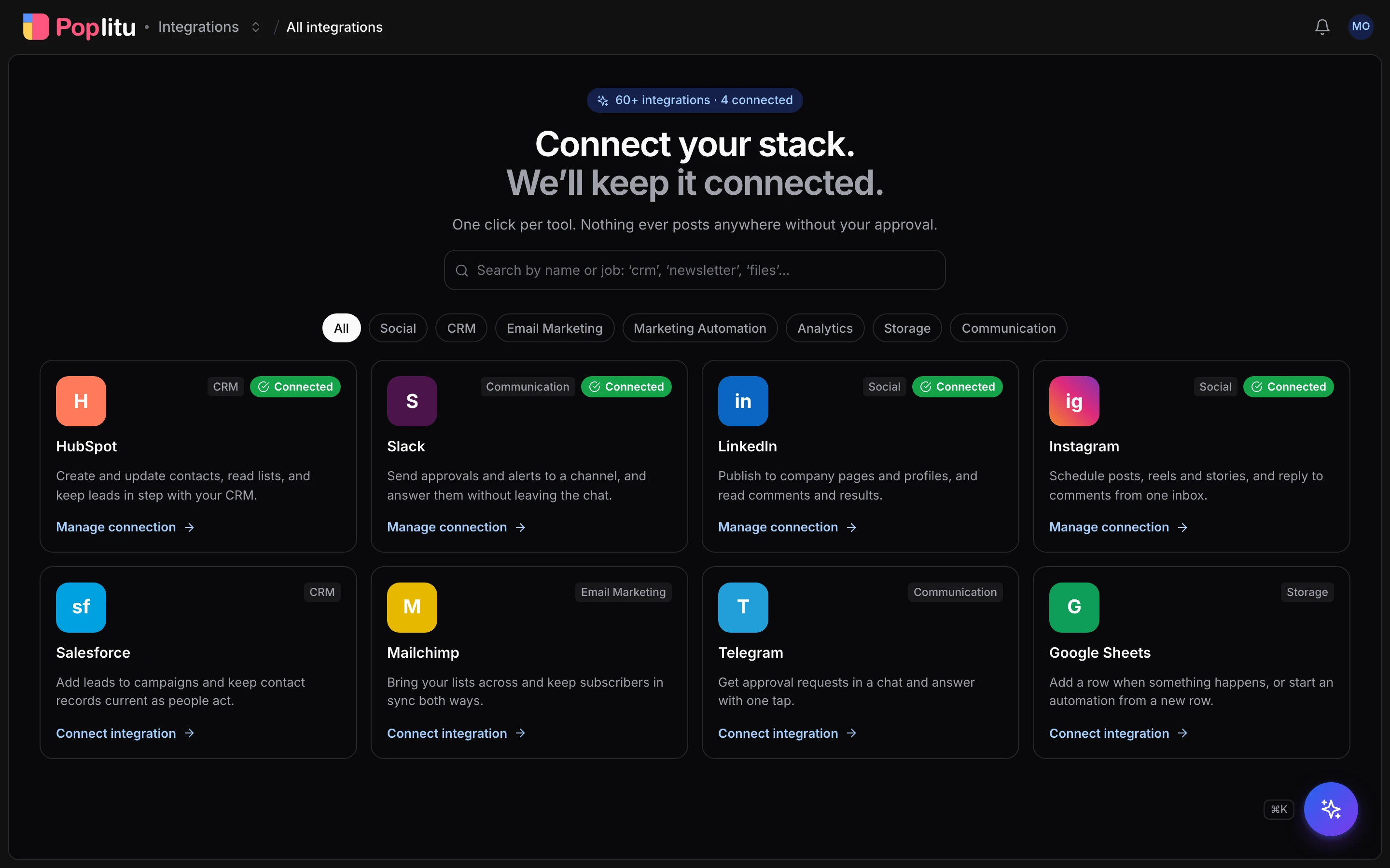 A product preview of the integrations catalogue with example provider cards and sample connection states.