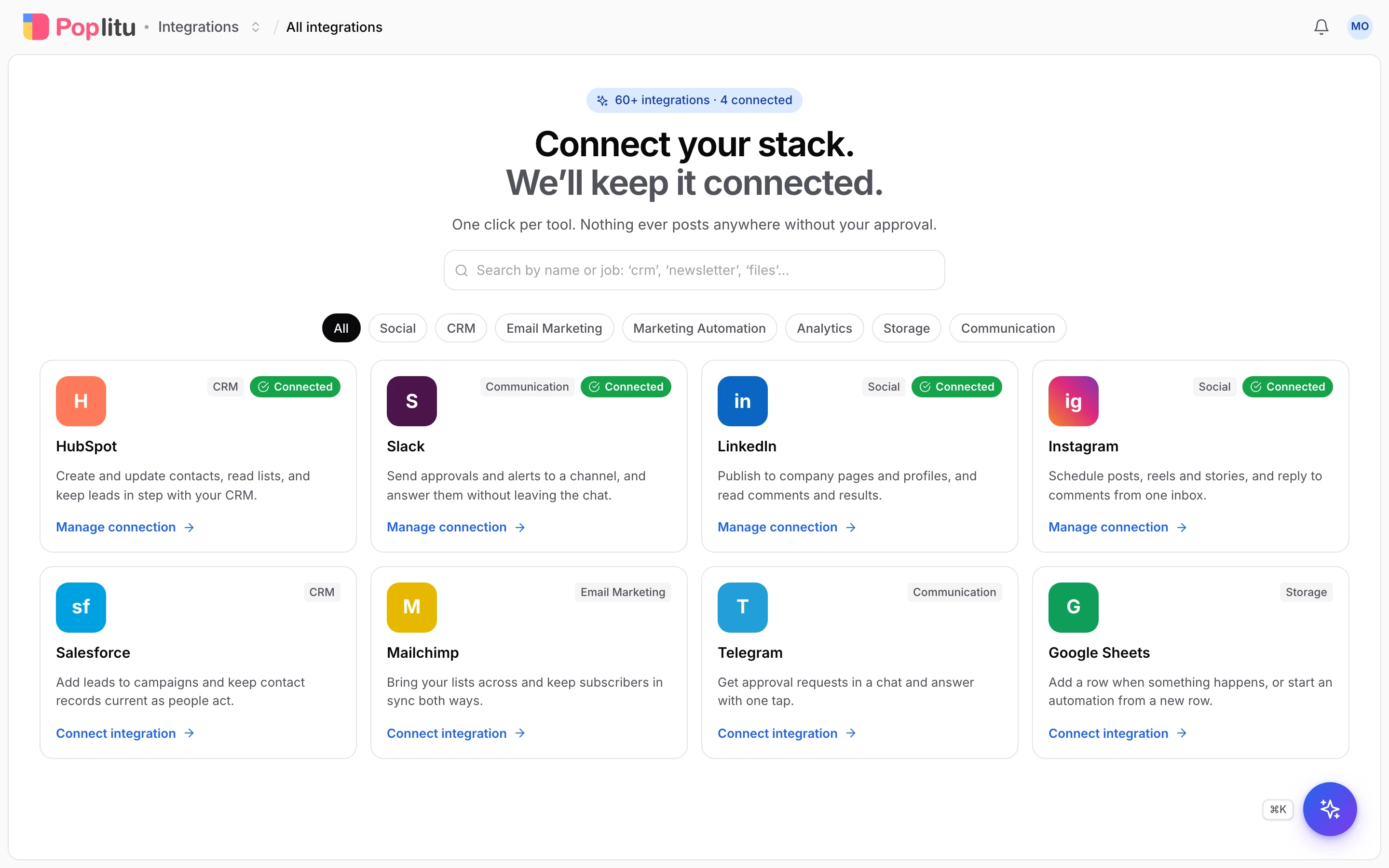 A product preview of the integrations catalogue with example provider cards and sample connection states.