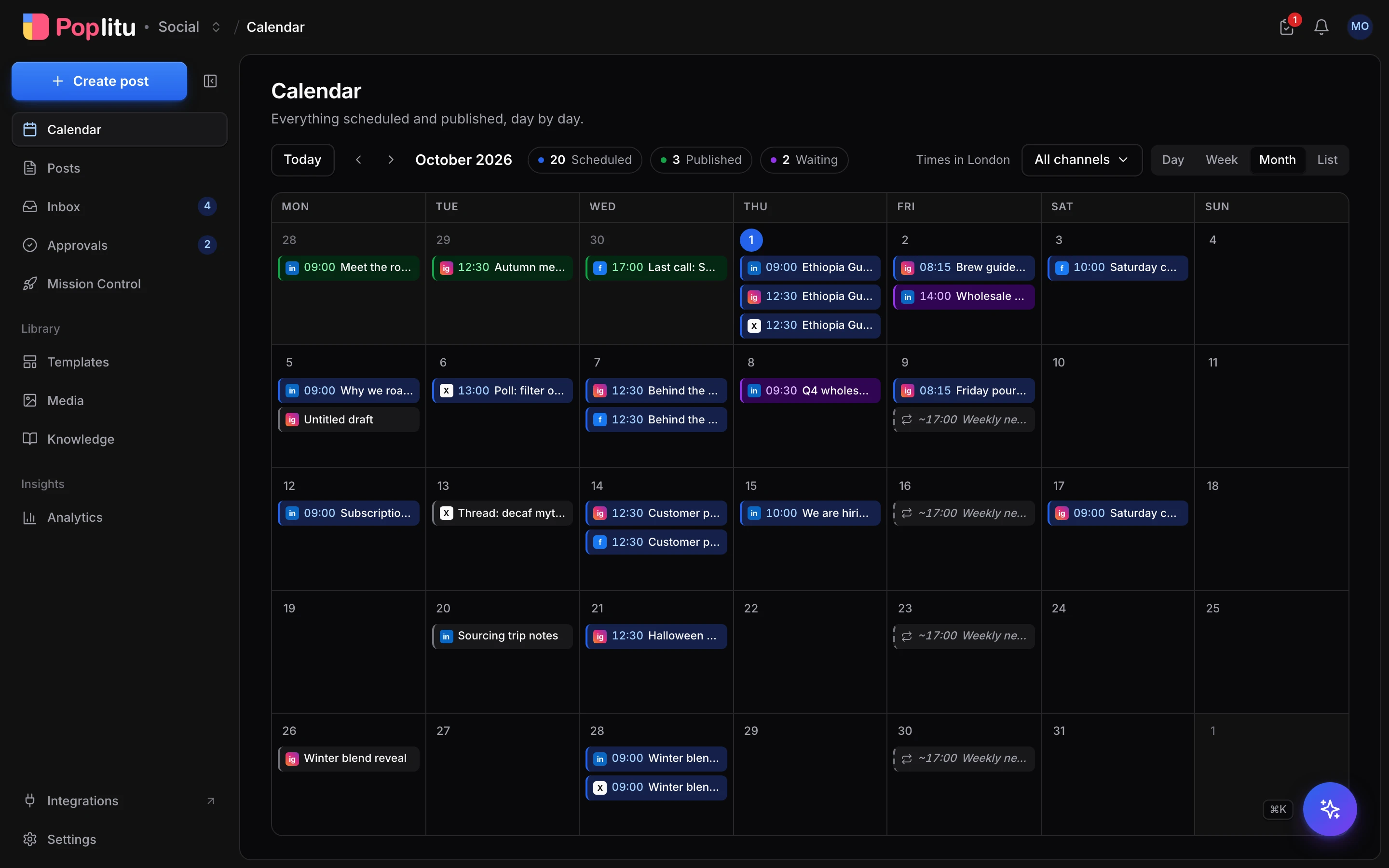 A month calendar of scheduled, published, and draft posts across networks.