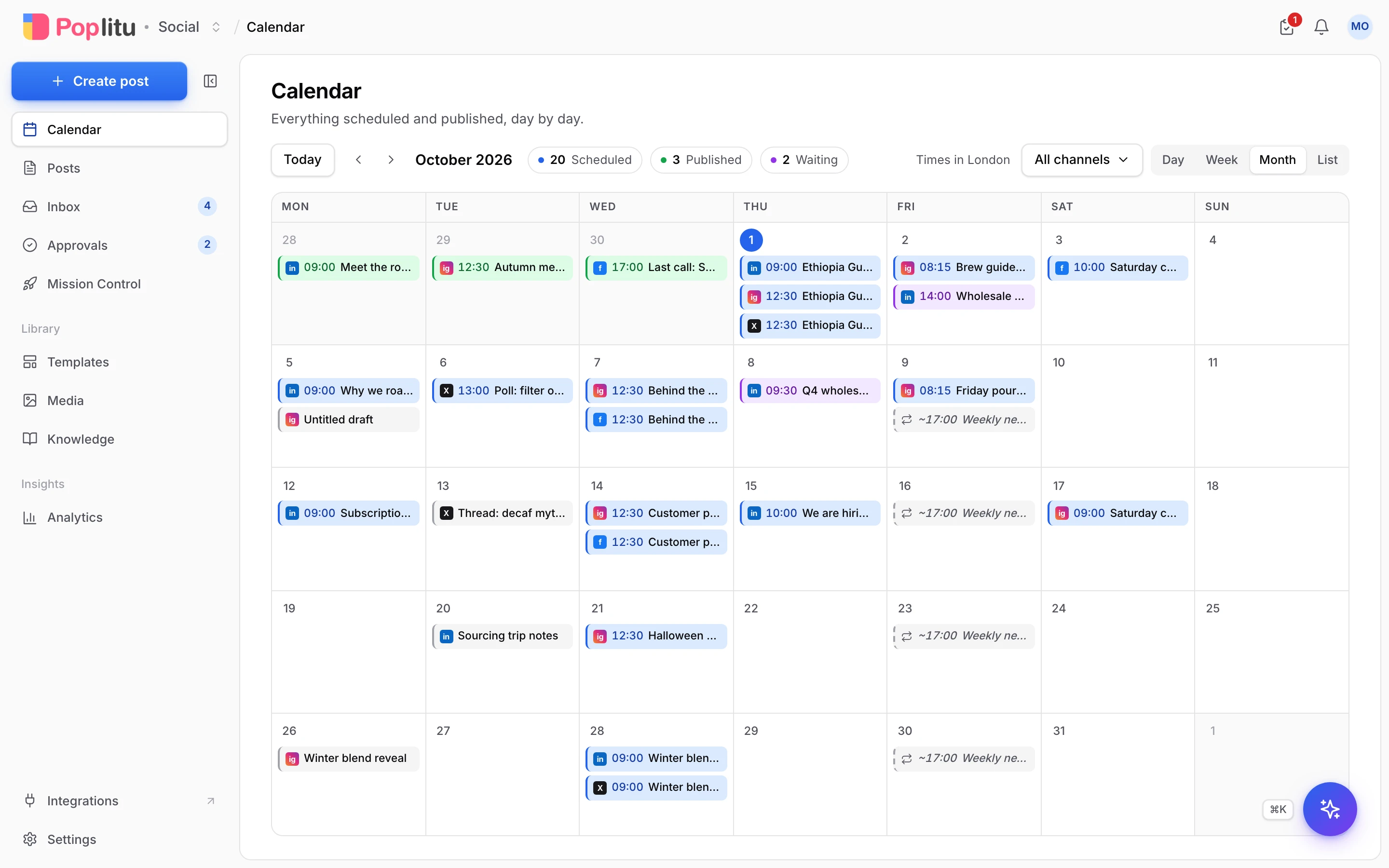 A month calendar of scheduled, published, and draft posts across networks.