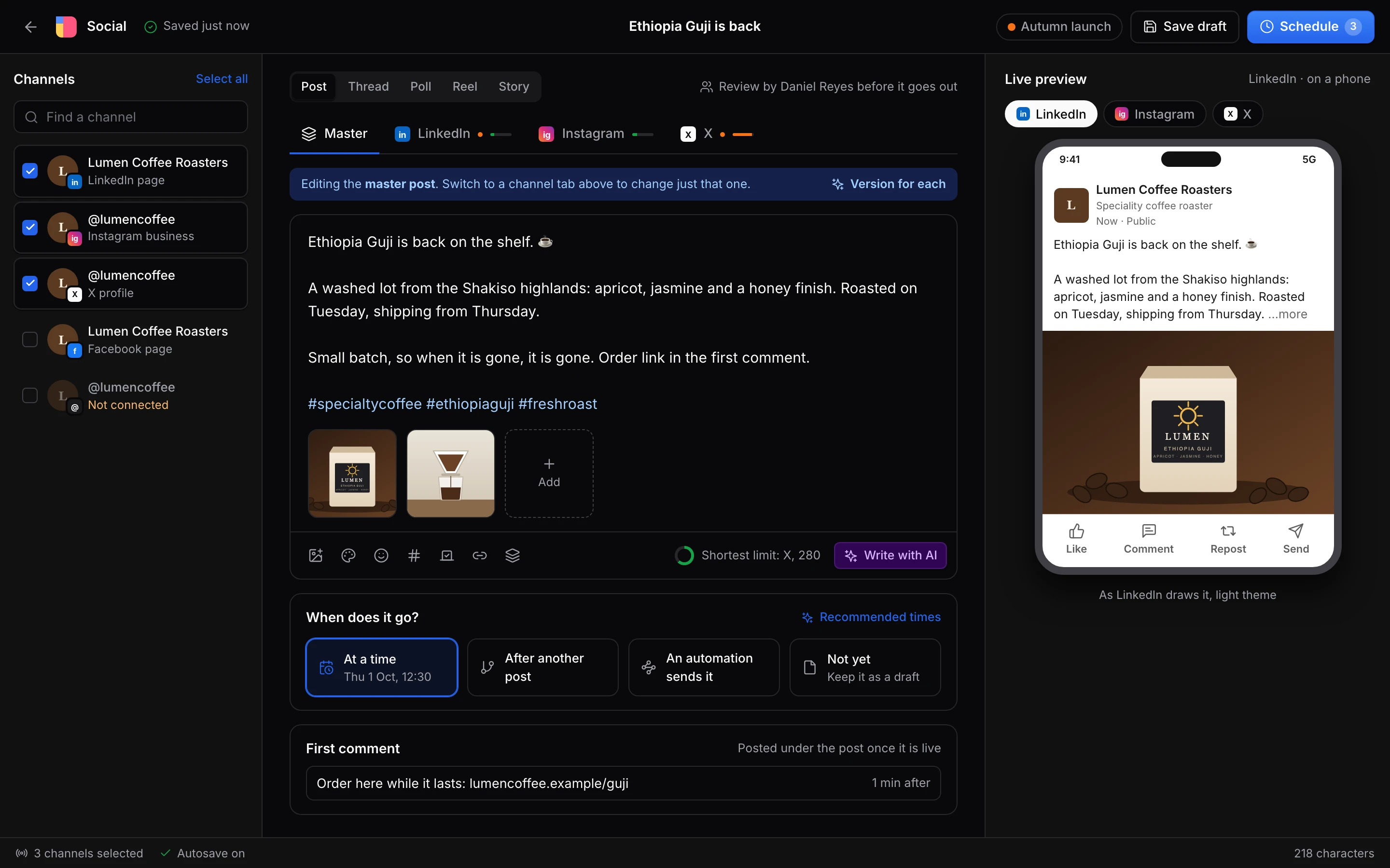 The social composer: one post selected for LinkedIn, Instagram, and X, with a live preview of how LinkedIn will show it on a phone.