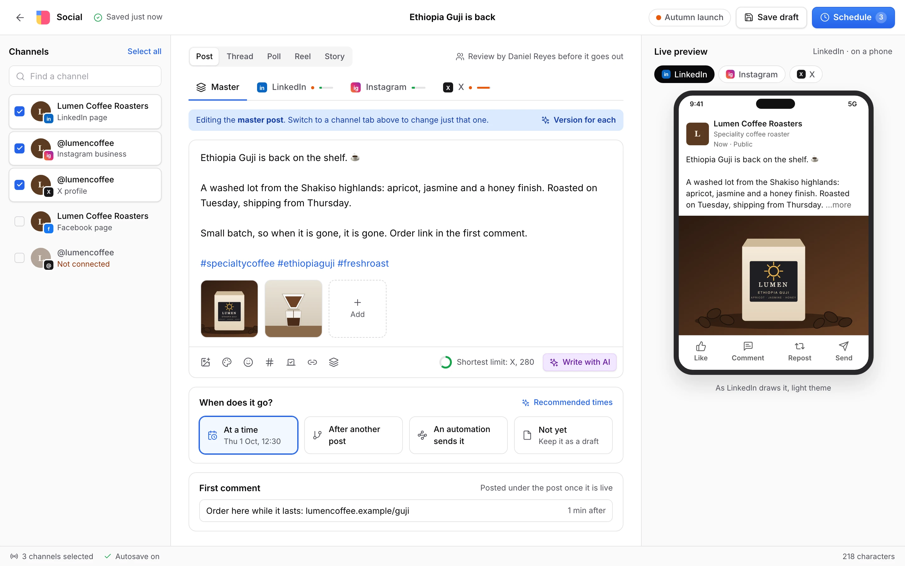 The social composer: one post selected for LinkedIn, Instagram, and X, with a live preview of how LinkedIn will show it on a phone.